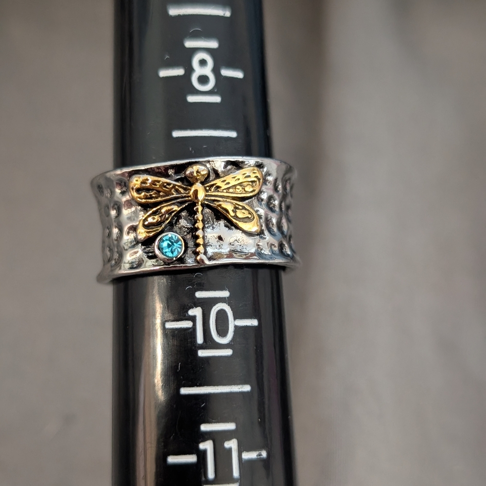 Gold and Silver Dragonfly Ring with Blue Accent
